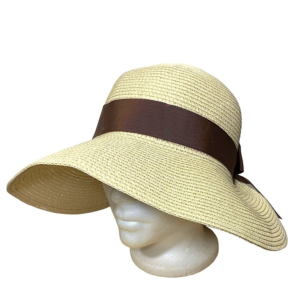 Peter Grimm Straw Hat Wide Brim Brown Bow Ribbon Band Sun Beach Resorts O/S